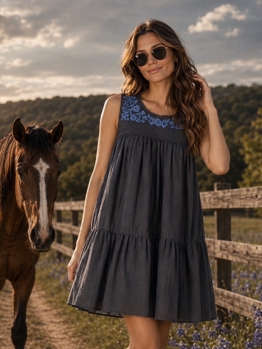 Lucky Brand Blue Cotton Linen Embroidered Dress Sleeveless Babydoll Grey M NWT